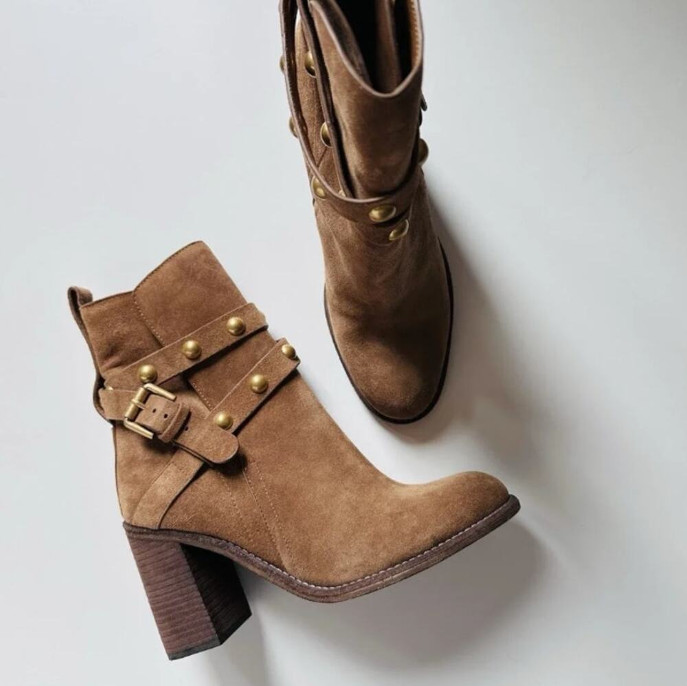 SEE BY CHLOE Janis Low Ankle Boot Suede Belted Strap Brown Sz 40/US 9.5 $485